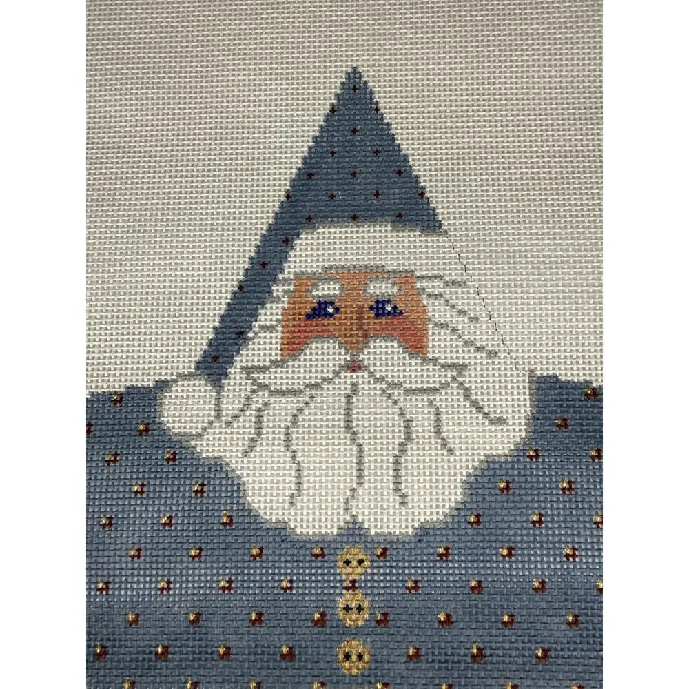 Hand Painted Needlepoint Canvas Star Santa Claus Blue Suit Kris